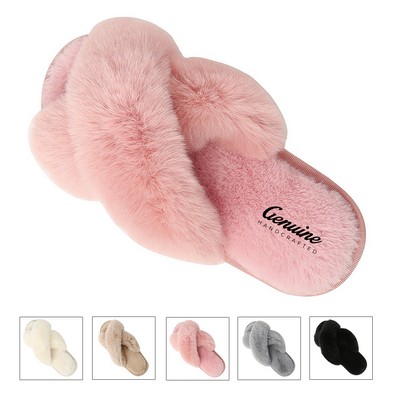 Fluffy Open Toe Cross Band Women's Slippers
