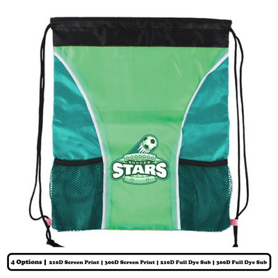 Multi-Panel Polyester Drawstring Bag w/ Bottle Holder & Mesh Pocket w/ Custom Logo