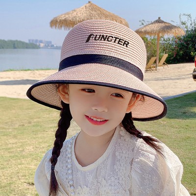 Girls Straw Sun Hat, Sun Protection Wide Brim Sun Hats Adjustable Topless Beach Hat For Kids
