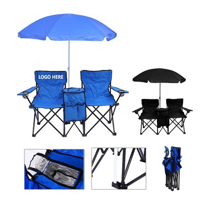 Double Beach Chairs With Umbrella And Cooler Set