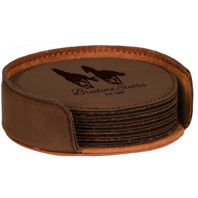 4" Round Dark Brown 6-Coaster Set with Holder, Laserable Leatherette