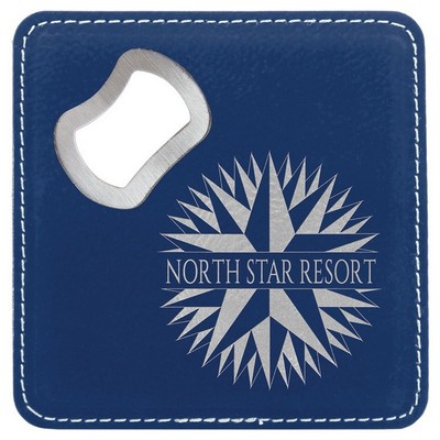 4" x 4" Square Blue/Silver Leatherette Coaster with Bottle Opener