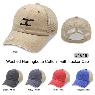 6 Panel Herringbone Low Profile Distressed Trucker Cap