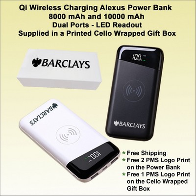 Qi Wireless Charging Alexus Powerbank 10000mAh 2 Ports Cello Wrapped Printed Box No Extra Tariff