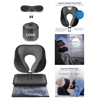 Ergonomic Airplane Neck Pillow 100% Pure Memory Foam Sleep Mask and Super Soft Fleece Blanket Set