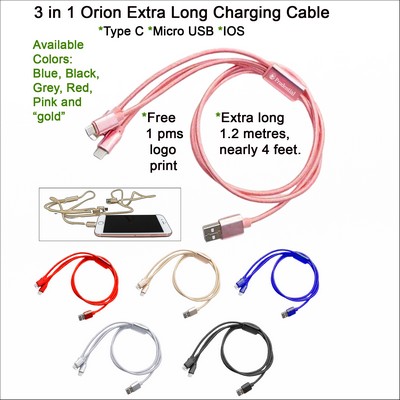 3 in 1 Orion Extra Long Charging Cable Pink No Extra Tariff