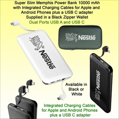 Super Slim Memphis Power Bank10000 mAh with integrated Cables in a Black Wallet. No Extra Tariff