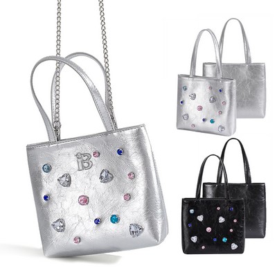 Geniune Leather Crossbody Bag Studded With Shinestones