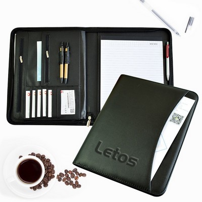 Debossed PU Leather Binder Portfolios Padfolio Binder Multi Functional Business Folder W/ Zipper