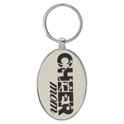 3" x 1 3/4" Leatherette/Metal White/Black Oval Keychain