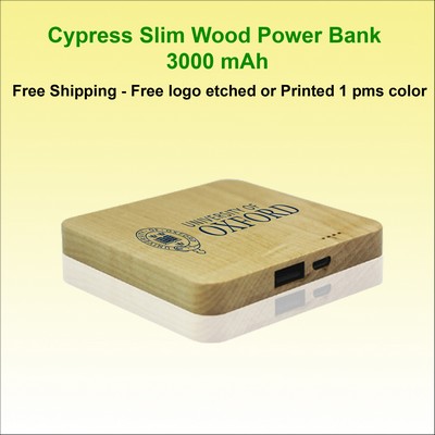 Cypress Bamboo Wood Slim Power Bank, 3000 mAh No Extra Tariff