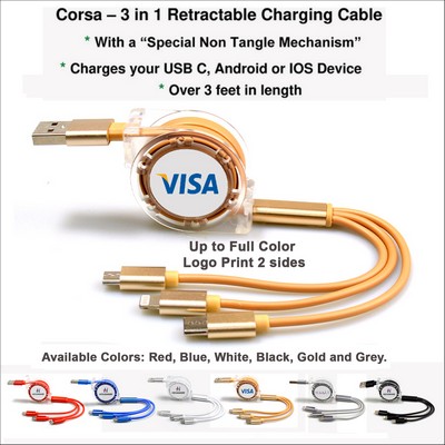 Corsa 3 in 1 Retractable Charging Cable - Gold No Extra Tariff