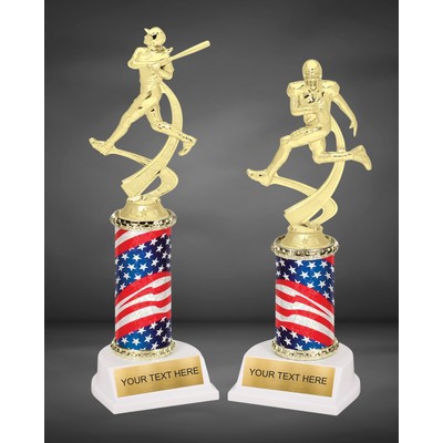 11" American Flag Assembled Trophy W/ Figure on White Base W/ Engraved Plate