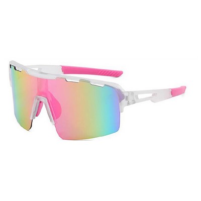 Goggle Sunglasses - Pink Mirror Lenses - White and Pink Frames
