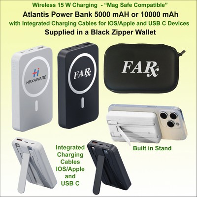 Atlantis Power Bank Integrated Charging Cables "Mag Safe" in a Wallet No Extra Tariff