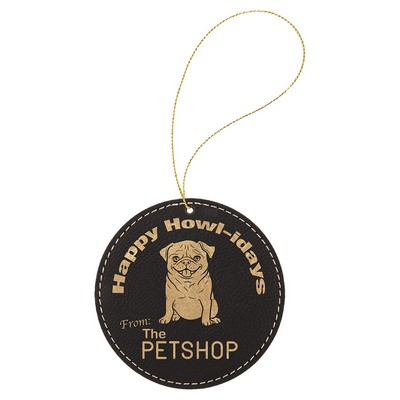 Black/Gold Leatherette Round Ornament with Gold String