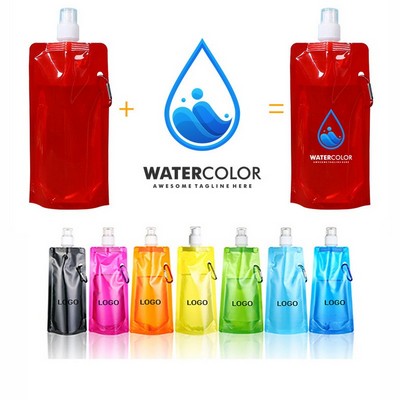 24oz PE Foldable Portable Full Color Water Bag Bottle w/Metal Carabiner MOQ100PCS