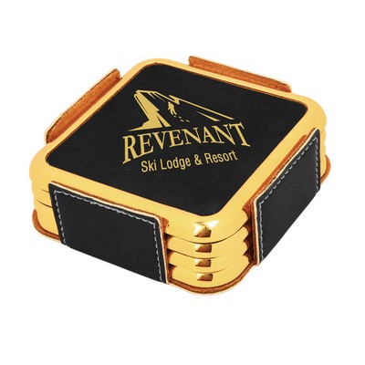 4pcs- 3 5/8" Leatherette Square Coast3 7/8er Set with Gold Trim w/holder