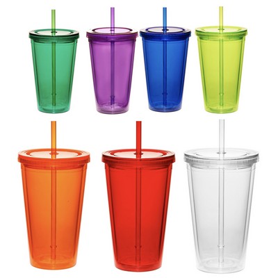 16 Oz. Acrylic Double Walled Tumbler w/Lid & Straw