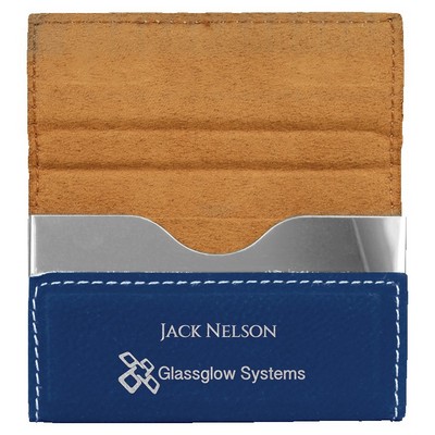 3 3/4" x 2 3/4" Blue/Silver Leatherette Hard Business Card Holder