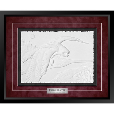 Snowy Owl (Black/Burgundy) - Cast Paper Sculptured Art - Shadowbox Award 18"x22"