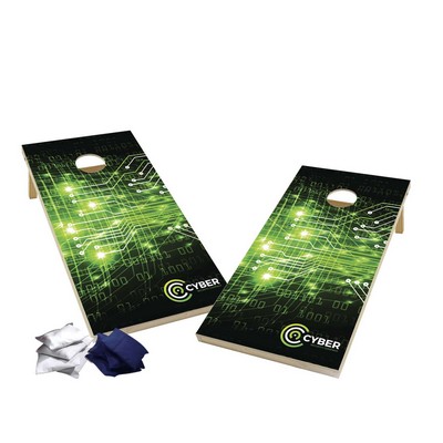 Wood Cornhole Plus, 4 Navy & White Bean Bags