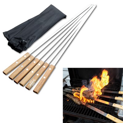 Stainless Steel BBQ Skewer with Wooden Handle Set of 6 with Bag