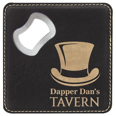 4" x 4" Square Black/Gold Leatherette Bottle Opener Coaster