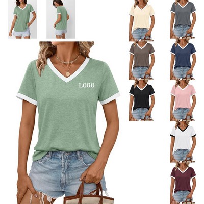 Woman Casual Soft Tunic V Neck Short Sleeve