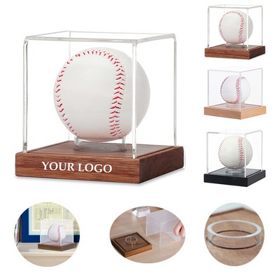 Clear Cube Baseball Holder with Wooden Base