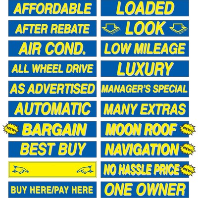15" Yellow & Blue Windshield Slogan Decals (Set of 12)