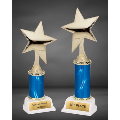 11" Blue Assembled Trophy W/ Figure on White Base W/ Engraved Plate