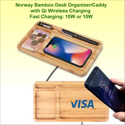 Norway Bamboo Qi Wireless Charger Desk Caddy/Organizer - 15 watts Eco Friendly No Extra Tariff