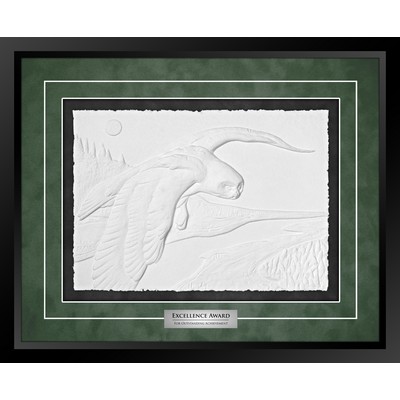 Snowy Owl (Black/Green) - Cast Paper Sculptured Art - Shadowbox Award 18"x22"